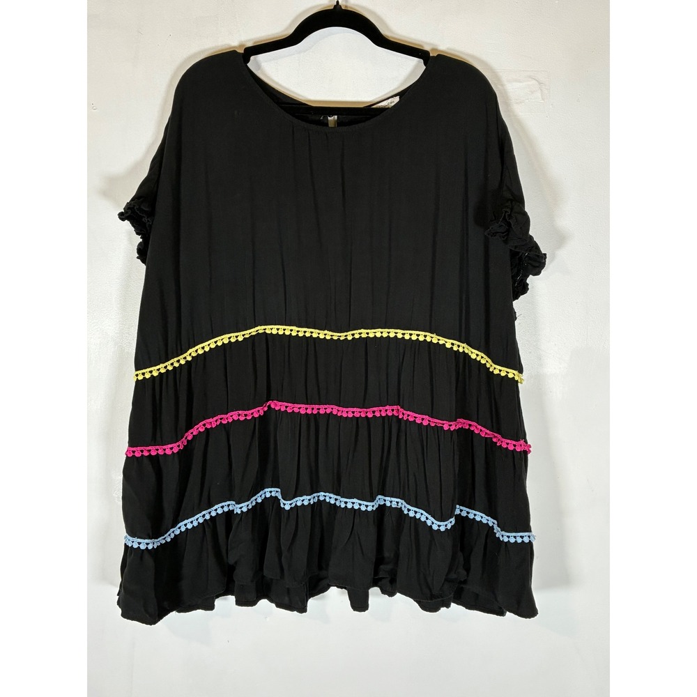 Chic Soul 2X Black Tiered Babydoll Top Colorful Pom Pom Trim Ruffle Sleeve